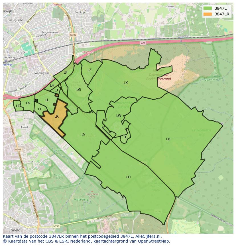 Afbeelding van het postcodegebied 3847 LR op de kaart.