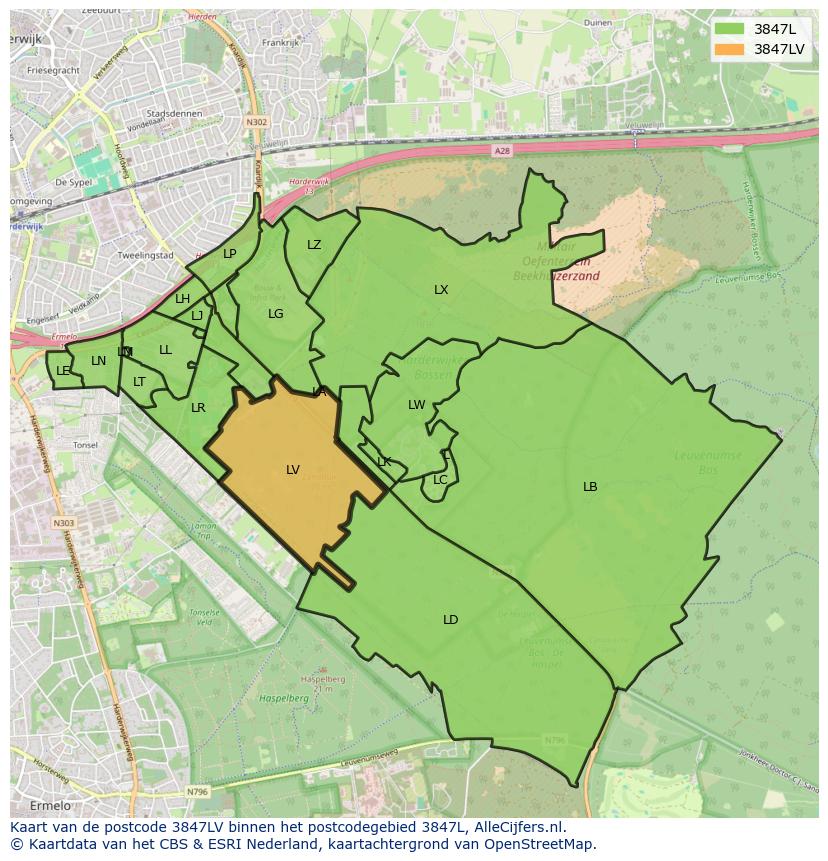 Afbeelding van het postcodegebied 3847 LV op de kaart.