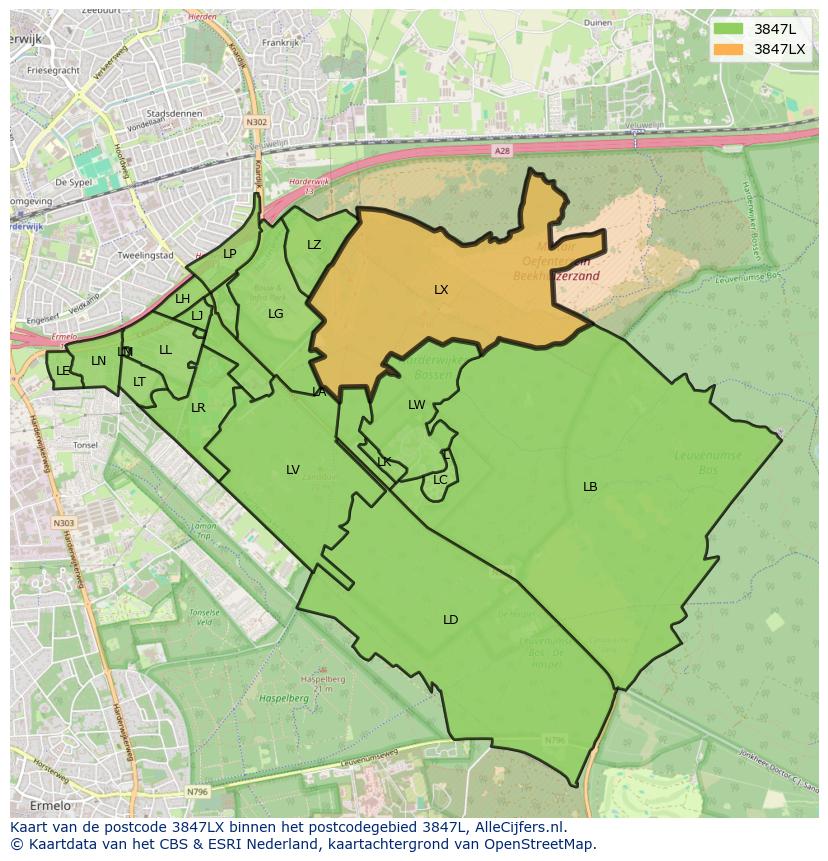 Afbeelding van het postcodegebied 3847 LX op de kaart.