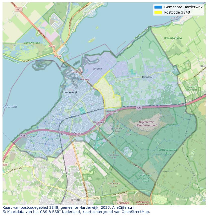 Afbeelding van het postcodegebied 3848 op de kaart.
