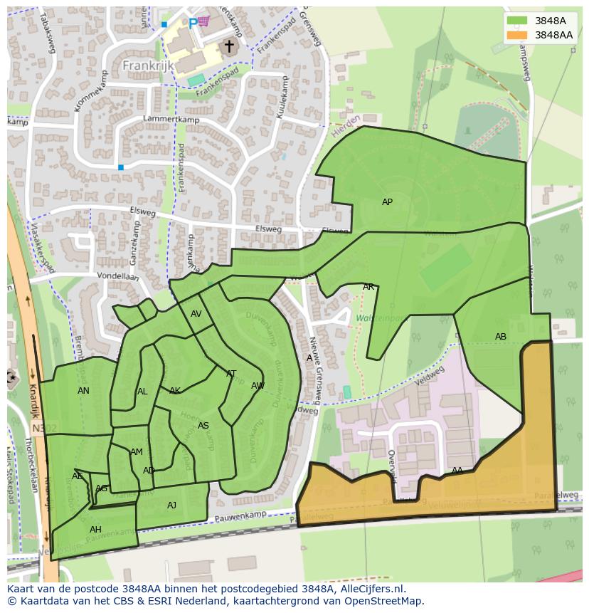 Afbeelding van het postcodegebied 3848 AA op de kaart.