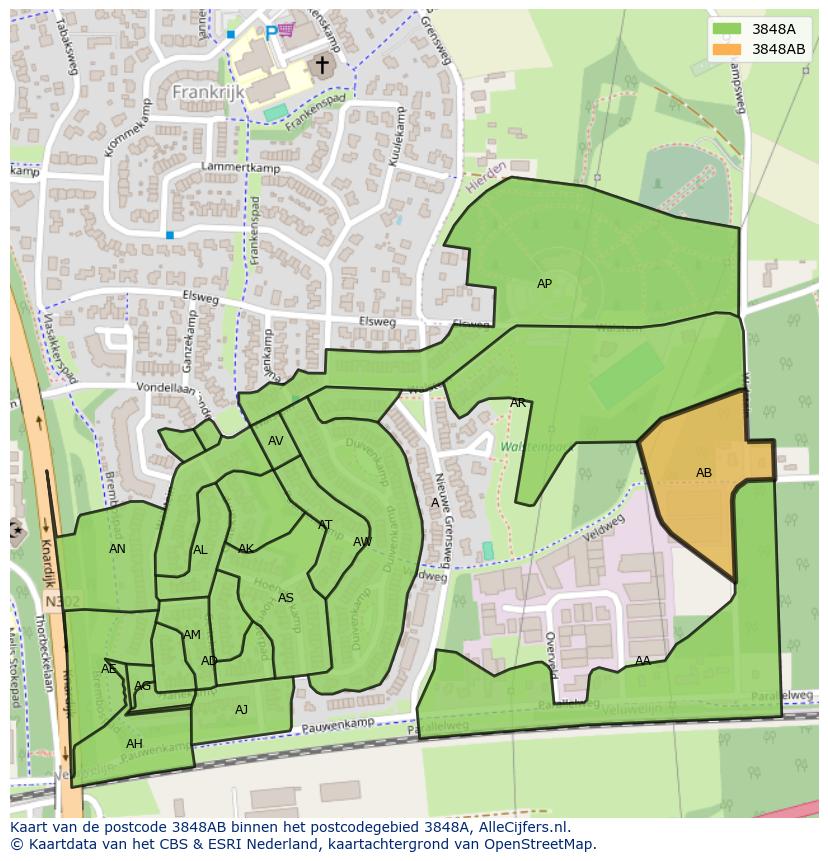 Afbeelding van het postcodegebied 3848 AB op de kaart.