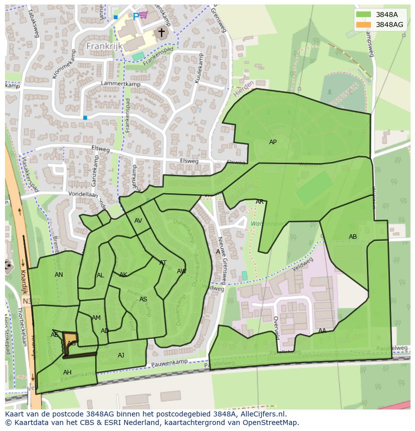 Afbeelding van het postcodegebied 3848 AG op de kaart.