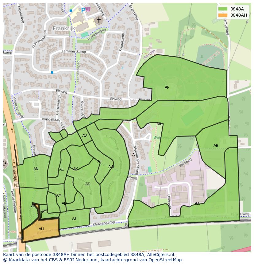 Afbeelding van het postcodegebied 3848 AH op de kaart.