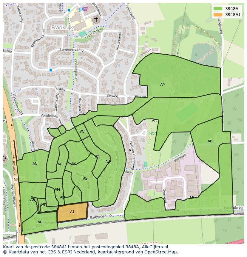 Afbeelding van het postcodegebied 3848 AJ op de kaart.