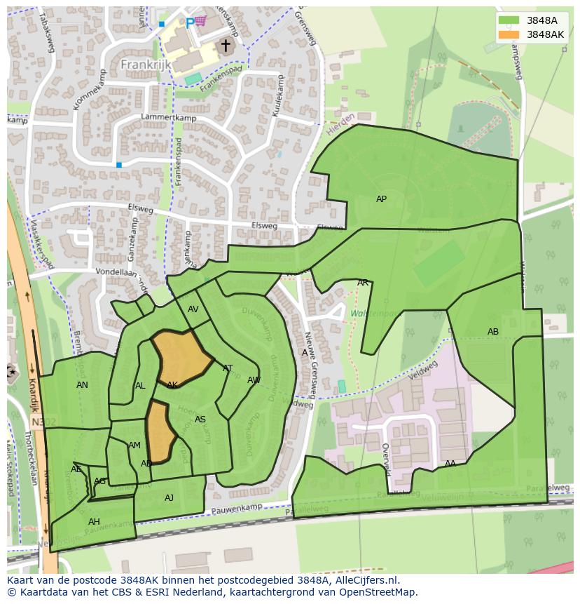 Afbeelding van het postcodegebied 3848 AK op de kaart.
