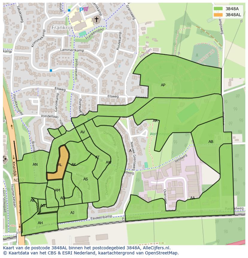 Afbeelding van het postcodegebied 3848 AL op de kaart.