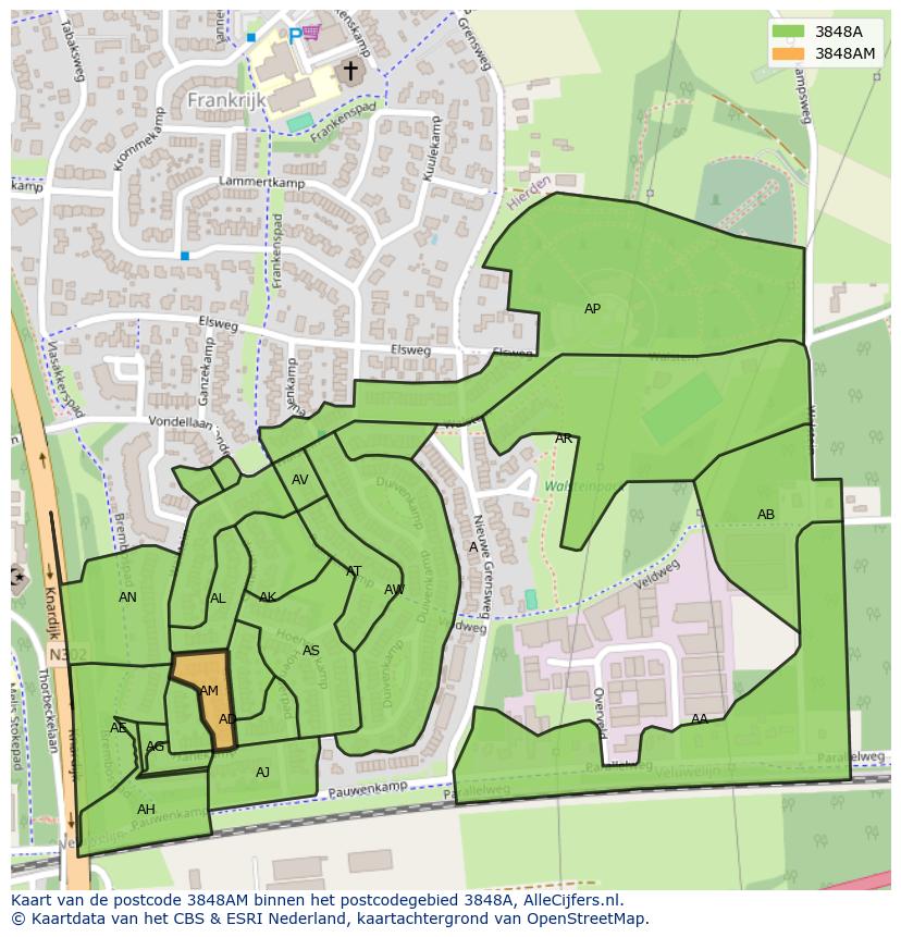 Afbeelding van het postcodegebied 3848 AM op de kaart.