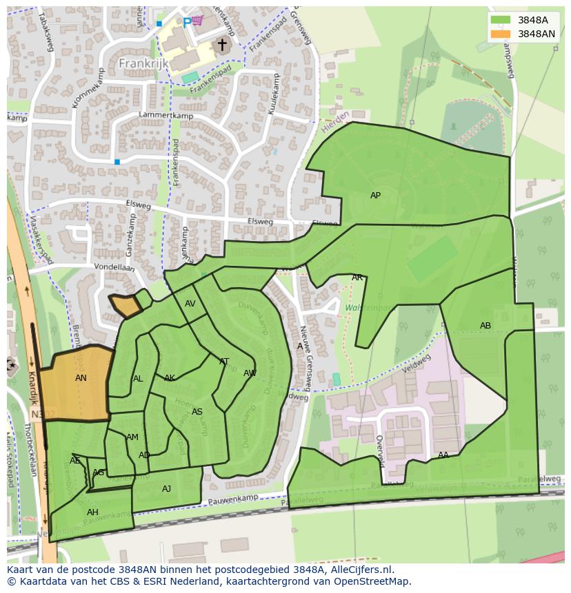 Afbeelding van het postcodegebied 3848 AN op de kaart.