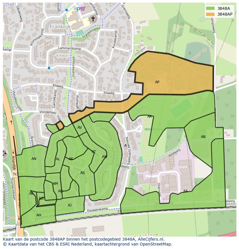 Afbeelding van het postcodegebied 3848 AP op de kaart.