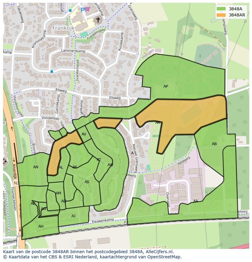 Afbeelding van het postcodegebied 3848 AR op de kaart.