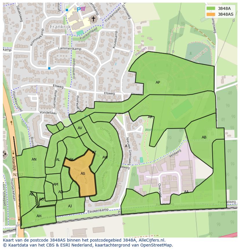 Afbeelding van het postcodegebied 3848 AS op de kaart.