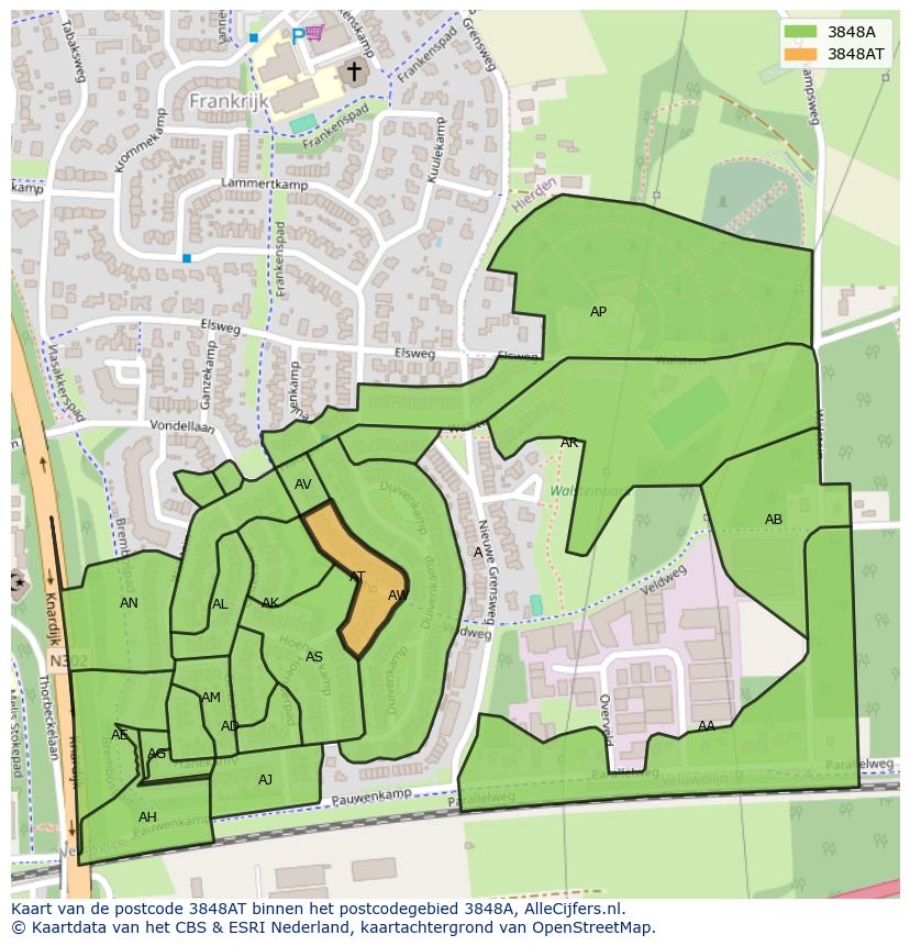 Afbeelding van het postcodegebied 3848 AT op de kaart.