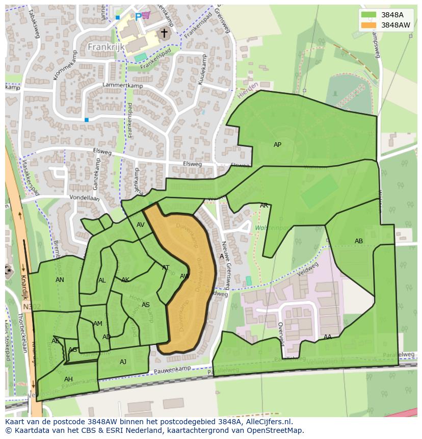 Afbeelding van het postcodegebied 3848 AW op de kaart.