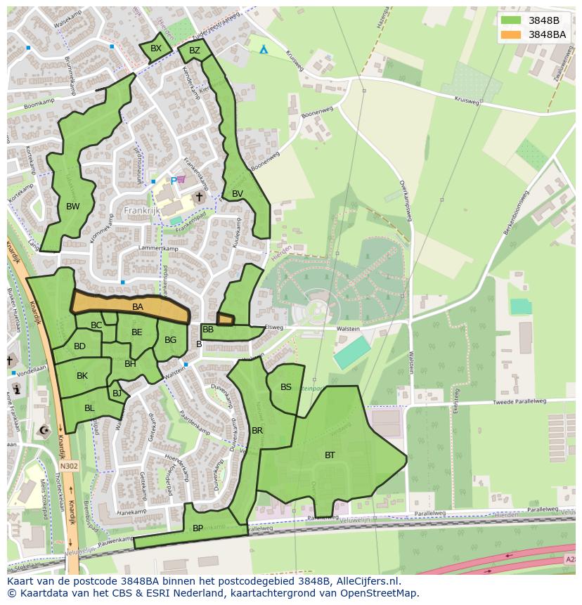 Afbeelding van het postcodegebied 3848 BA op de kaart.