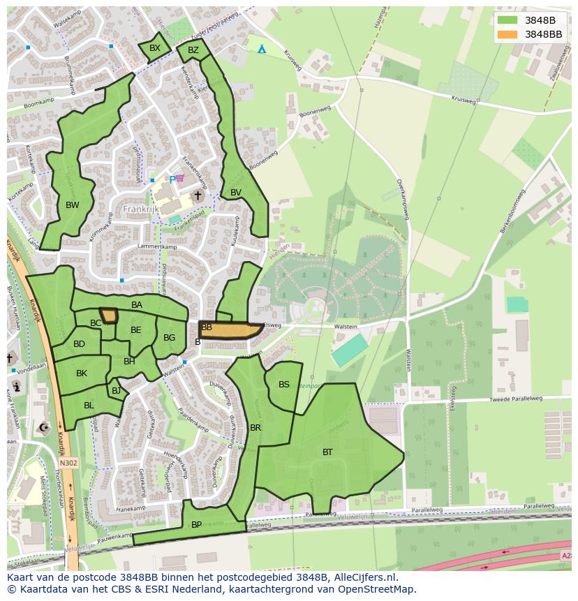 Afbeelding van het postcodegebied 3848 BB op de kaart.