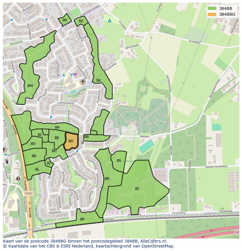 Afbeelding van het postcodegebied 3848 BG op de kaart.