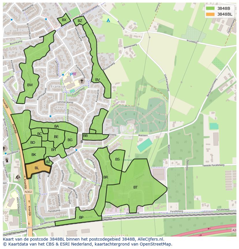 Afbeelding van het postcodegebied 3848 BL op de kaart.