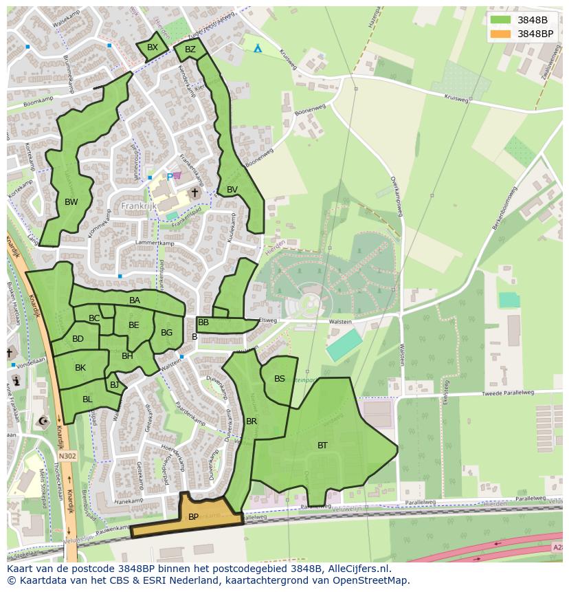 Afbeelding van het postcodegebied 3848 BP op de kaart.