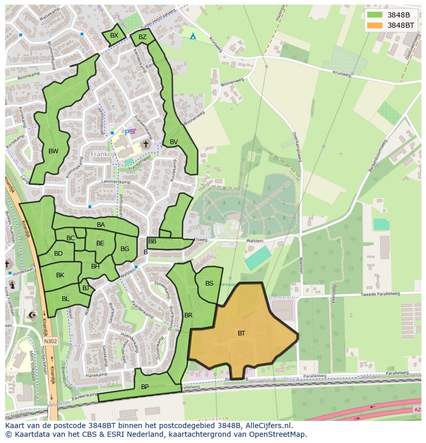 Afbeelding van het postcodegebied 3848 BT op de kaart.