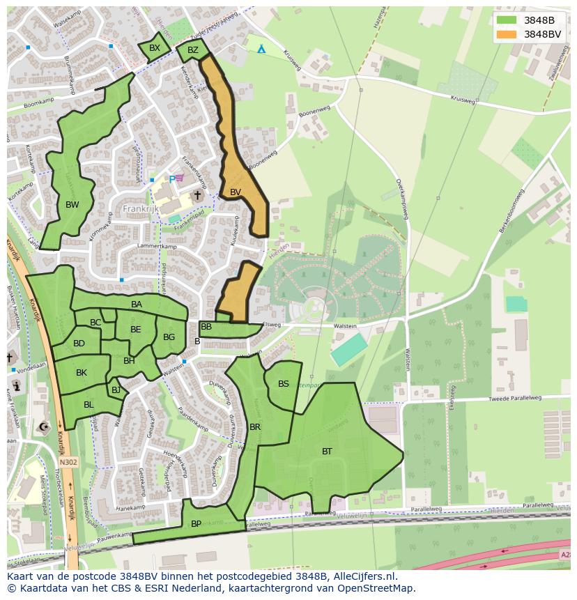 Afbeelding van het postcodegebied 3848 BV op de kaart.