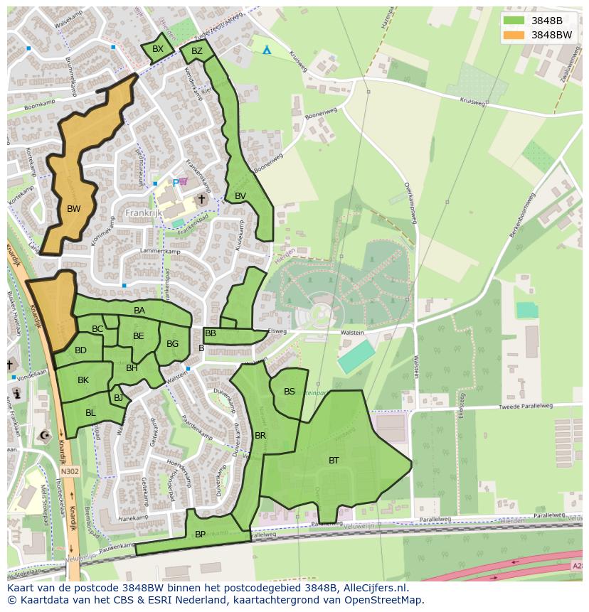 Afbeelding van het postcodegebied 3848 BW op de kaart.