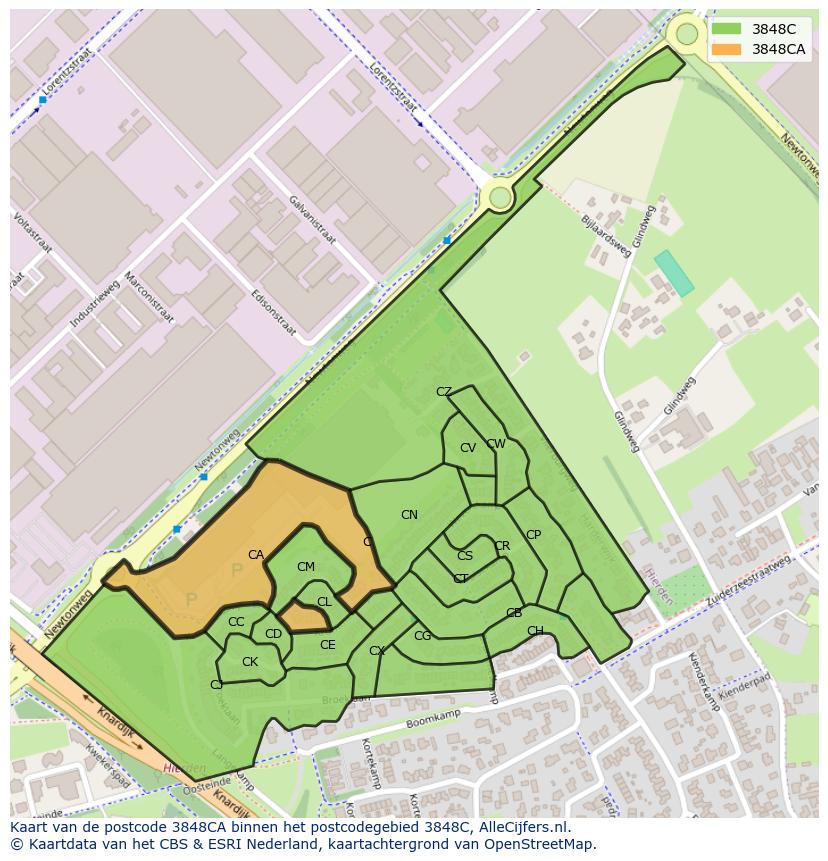 Afbeelding van het postcodegebied 3848 CA op de kaart.