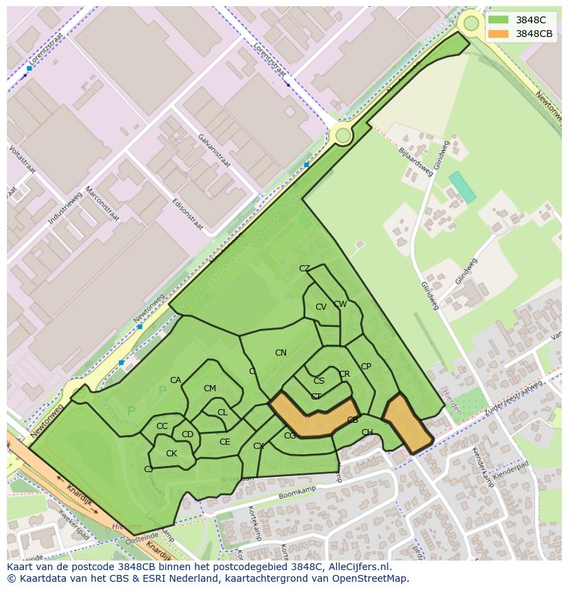 Afbeelding van het postcodegebied 3848 CB op de kaart.