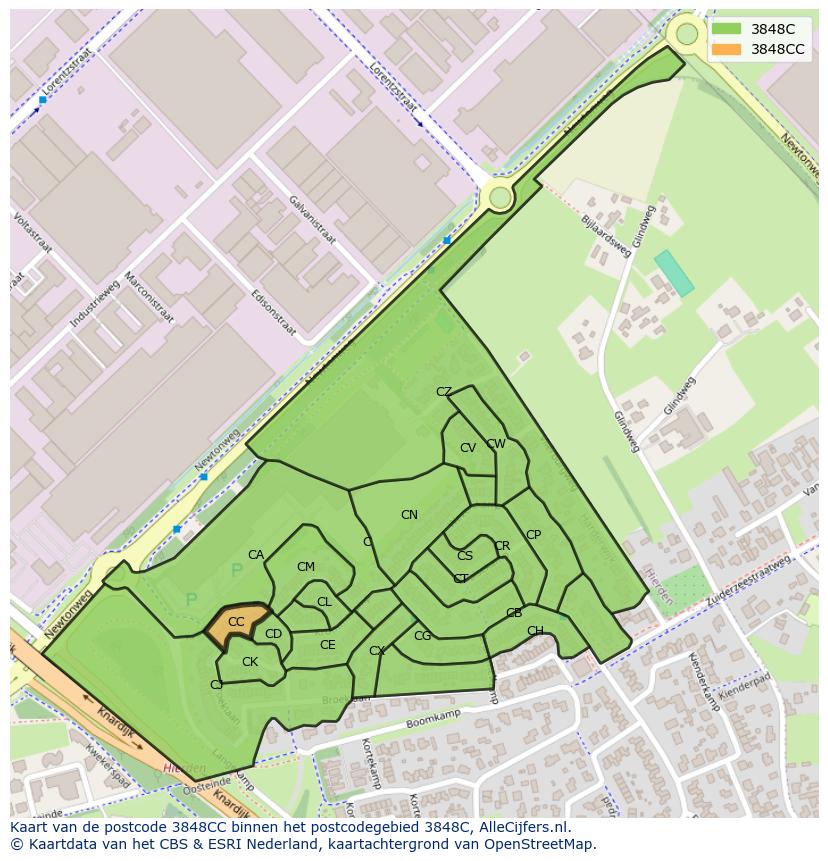 Afbeelding van het postcodegebied 3848 CC op de kaart.