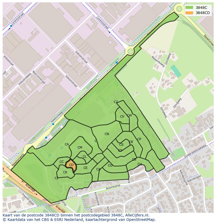 Afbeelding van het postcodegebied 3848 CD op de kaart.