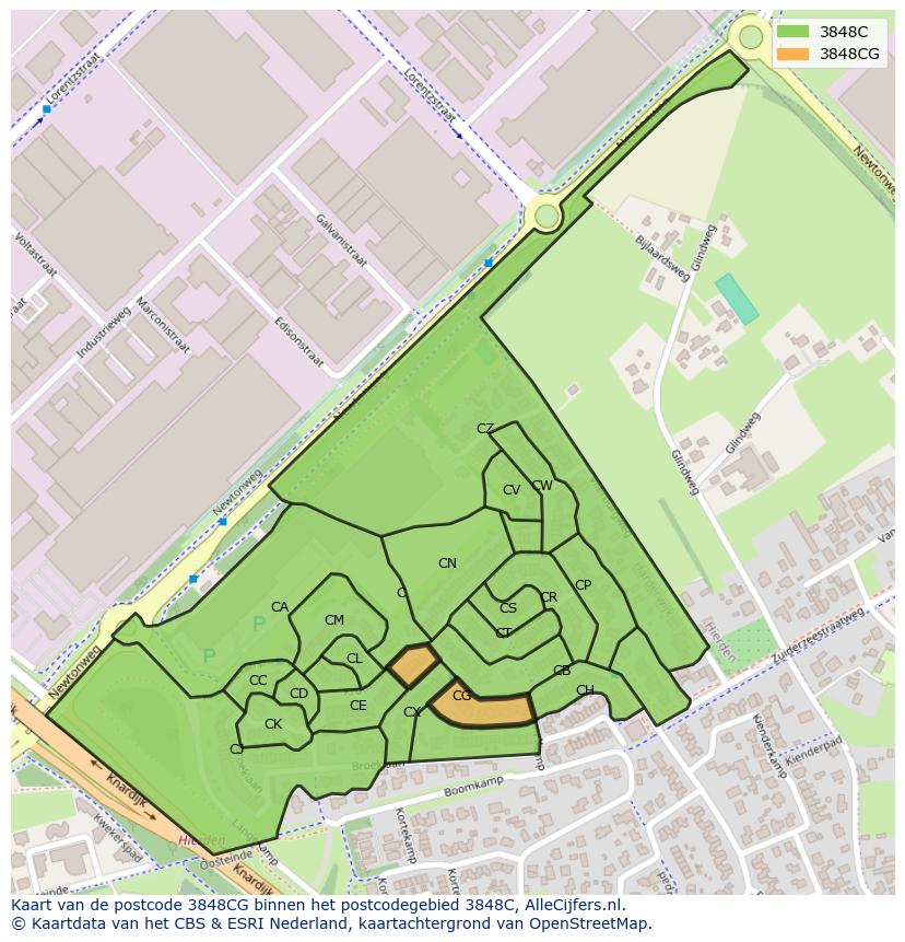 Afbeelding van het postcodegebied 3848 CG op de kaart.