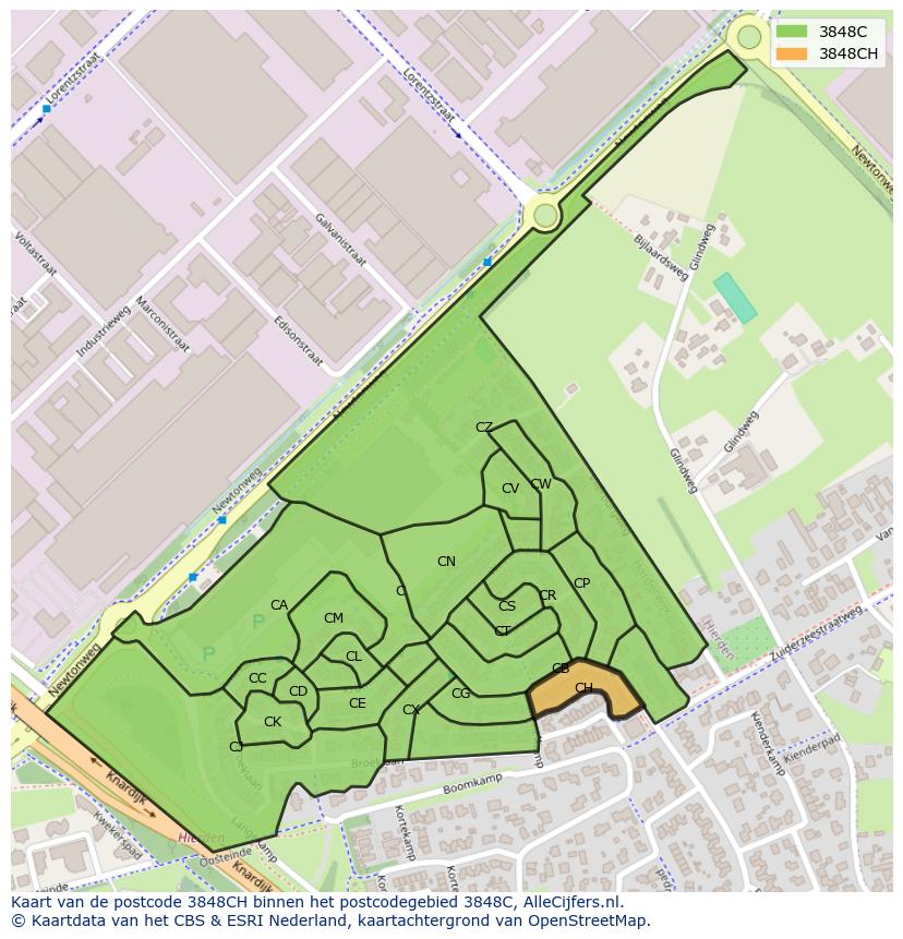 Afbeelding van het postcodegebied 3848 CH op de kaart.
