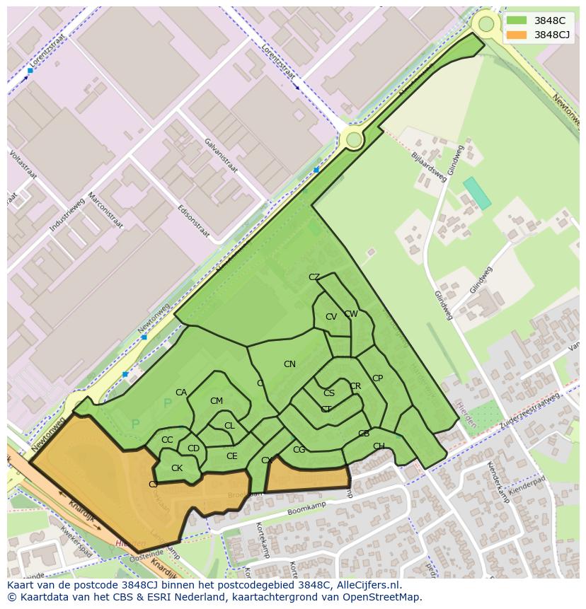 Afbeelding van het postcodegebied 3848 CJ op de kaart.