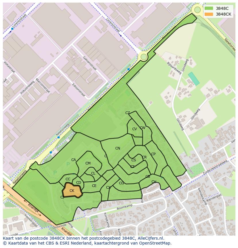 Afbeelding van het postcodegebied 3848 CK op de kaart.