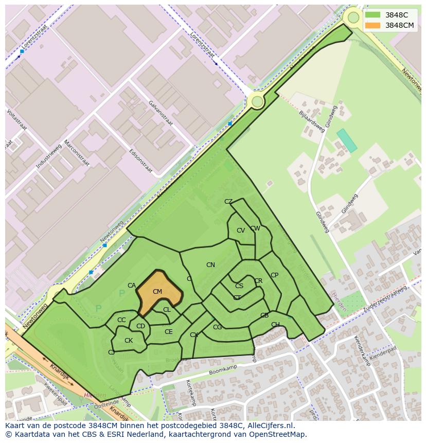Afbeelding van het postcodegebied 3848 CM op de kaart.