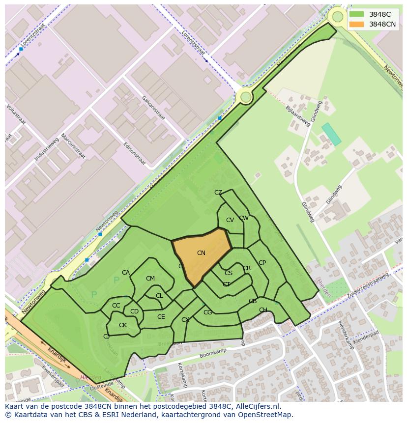 Afbeelding van het postcodegebied 3848 CN op de kaart.