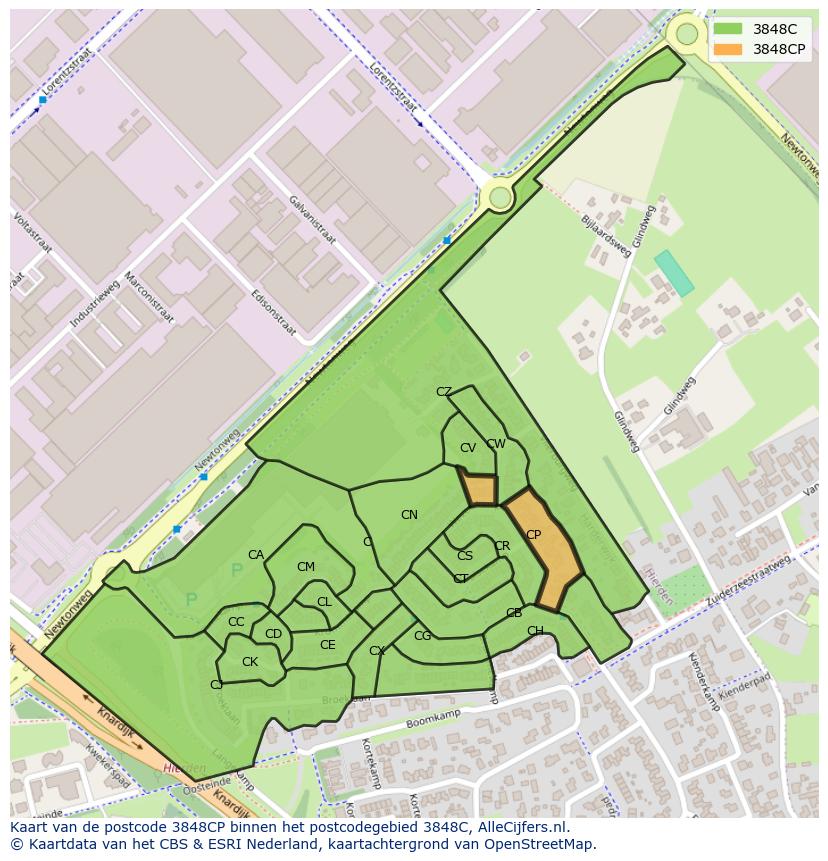 Afbeelding van het postcodegebied 3848 CP op de kaart.