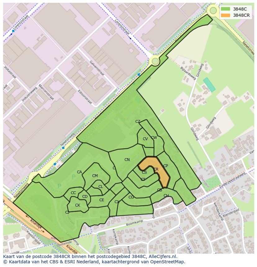 Afbeelding van het postcodegebied 3848 CR op de kaart.