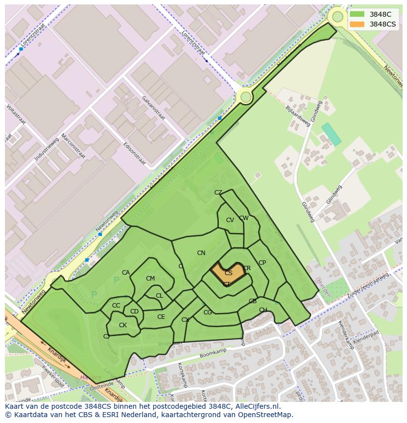 Afbeelding van het postcodegebied 3848 CS op de kaart.
