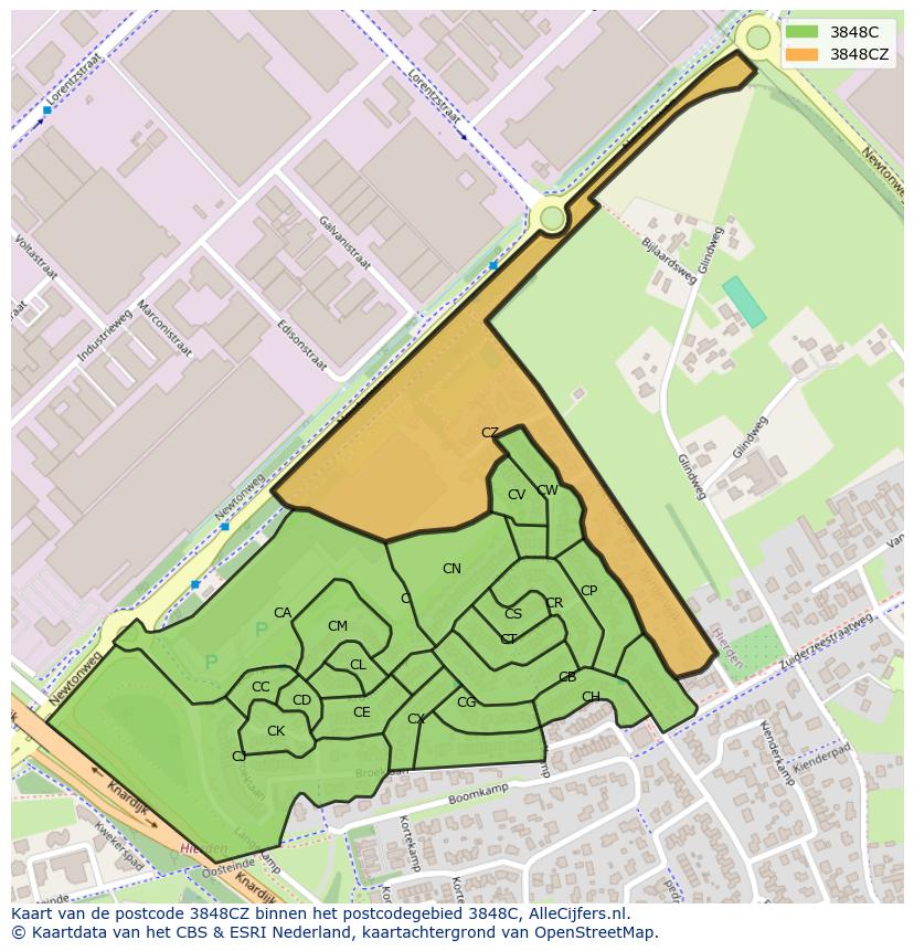 Afbeelding van het postcodegebied 3848 CZ op de kaart.