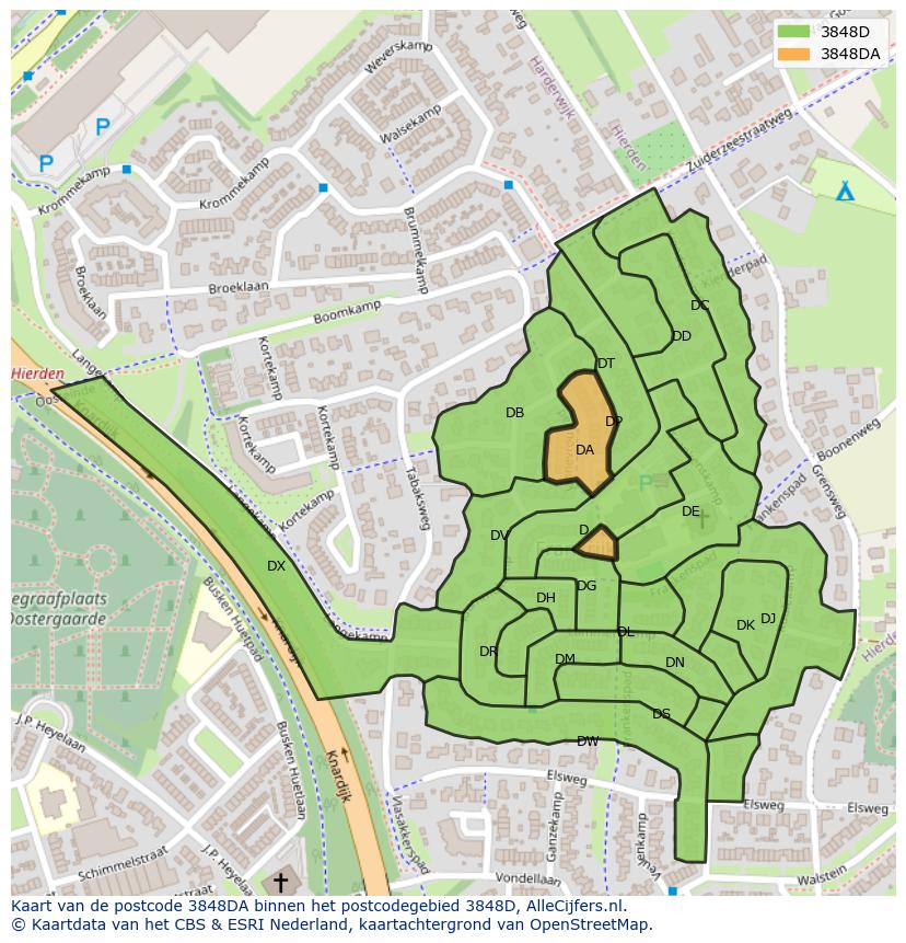Afbeelding van het postcodegebied 3848 DA op de kaart.