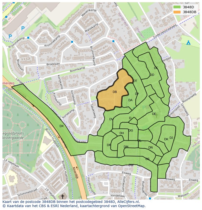 Afbeelding van het postcodegebied 3848 DB op de kaart.