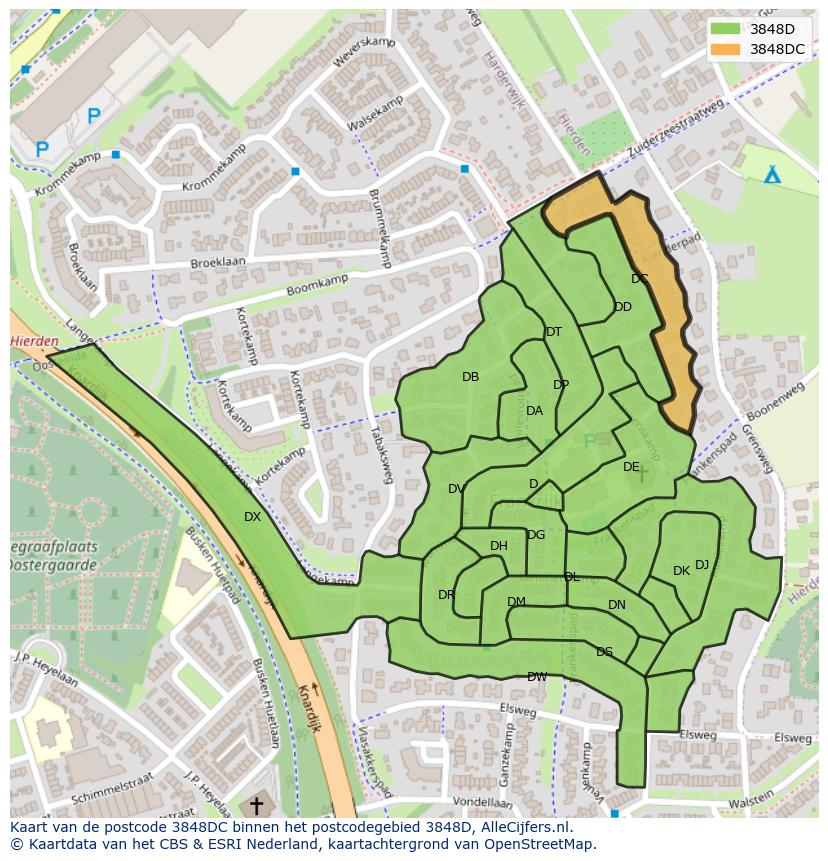 Afbeelding van het postcodegebied 3848 DC op de kaart.