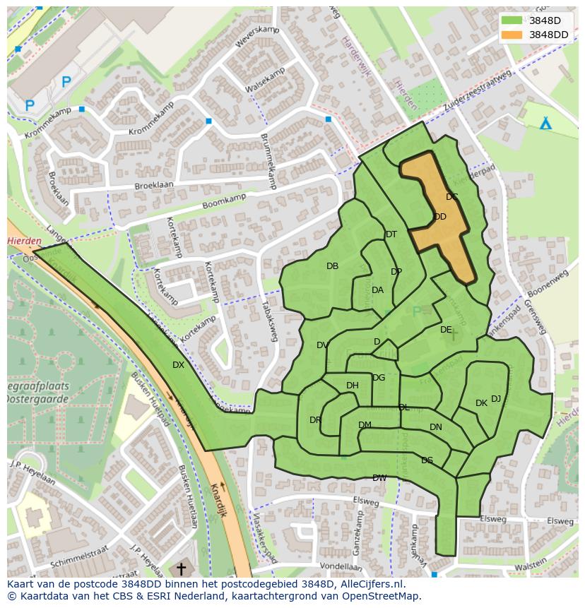 Afbeelding van het postcodegebied 3848 DD op de kaart.