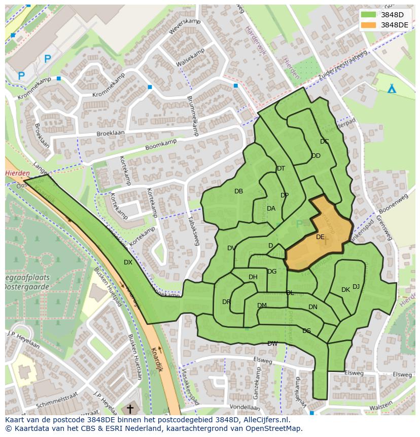 Afbeelding van het postcodegebied 3848 DE op de kaart.