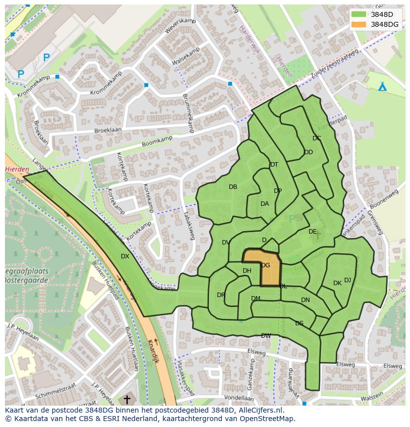 Afbeelding van het postcodegebied 3848 DG op de kaart.