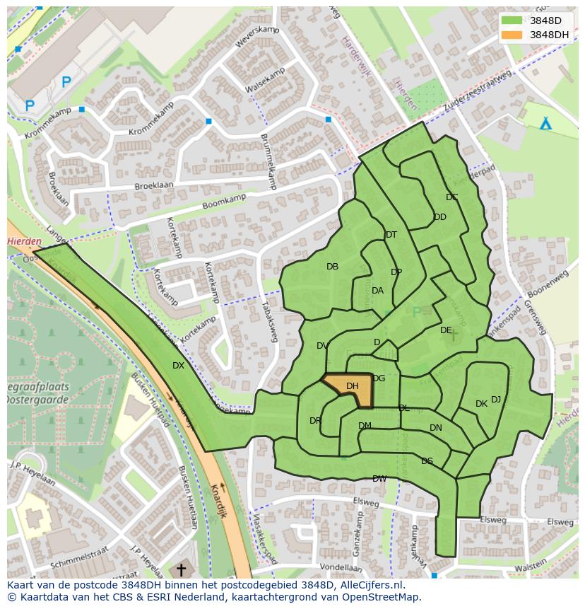Afbeelding van het postcodegebied 3848 DH op de kaart.