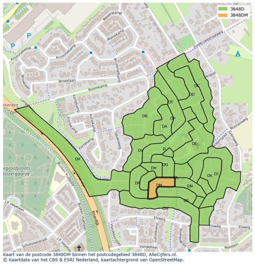 Afbeelding van het postcodegebied 3848 DM op de kaart.