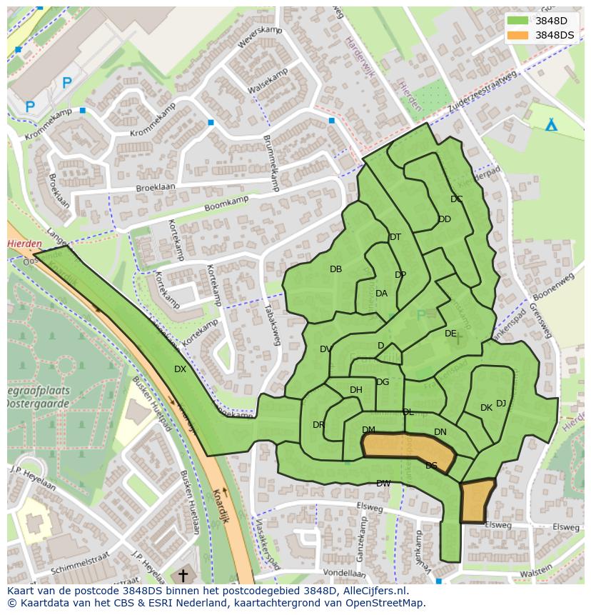 Afbeelding van het postcodegebied 3848 DS op de kaart.