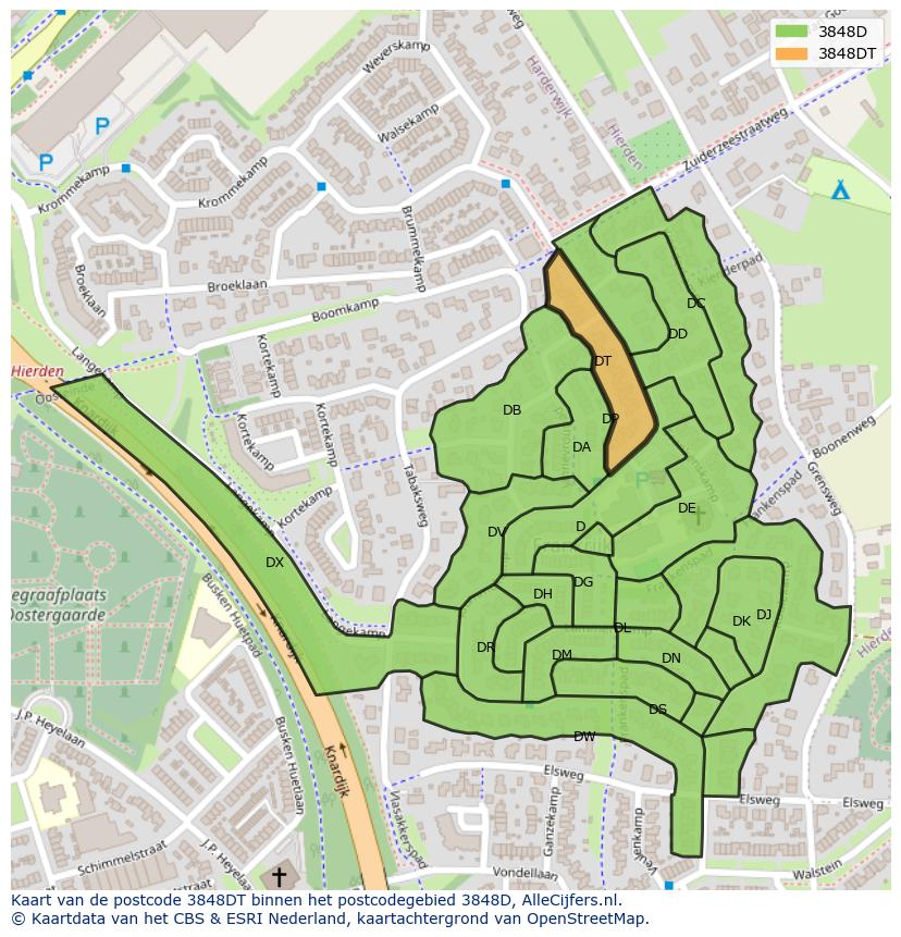 Afbeelding van het postcodegebied 3848 DT op de kaart.